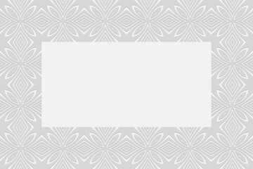 Geometric convex volumetric background from a relief ethnic pattern. Frame for text, advertising, presentations. 3d white wallpaper in oriental folk style.