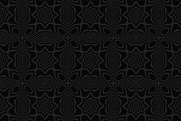 Geometric convex volumetric background from a relief ethnic pattern. 3d black abstract wallpaper in African folk style.