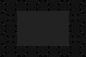 Geometric convex volumetric background from a relief ethnic pattern. Frame for text, advertising. 3d black abstract wallpaper in African folk style.
