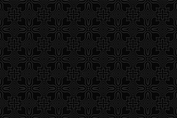 Naklejka na ściany i meble Geometric convex volumetric background from embossed ethnic pattern. Creative 3D black wallpaper in doodling style.