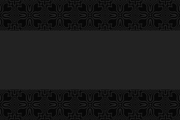 Geometric convex volumetric background from embossed ethnic pattern. Creative 3D black wallpaper in doodling style
with horizontal inserts.