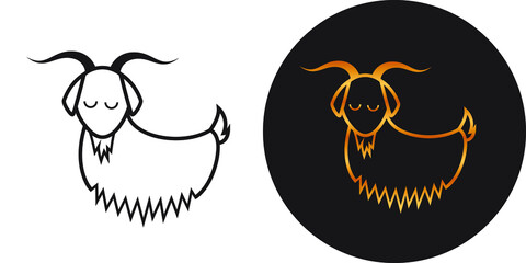 drawing simple vector abstract logo icon angora goat isolated black on white gold on black background.
