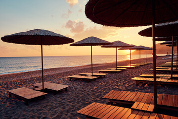 Beautiful landscape. Traveling by Turkey. Sea Beach with sunloungers and umbrellas.