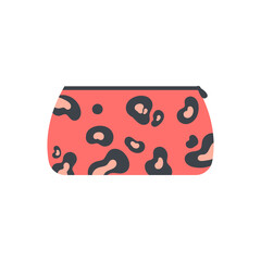 Cosmetic bag icon with a leopard print. Make up colorful travel bag. Vector illustration on white background. 