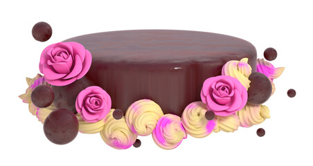 Chocolate cake on a white background. Jewelry made of cream. Sweet roses. 3D illustration
