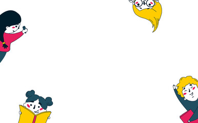 Kids are having fun. Girl is drawing, another one reads, boy feels joy. Background are cupcakes, tea and cookies. Vector flat illustration on white background for banner.