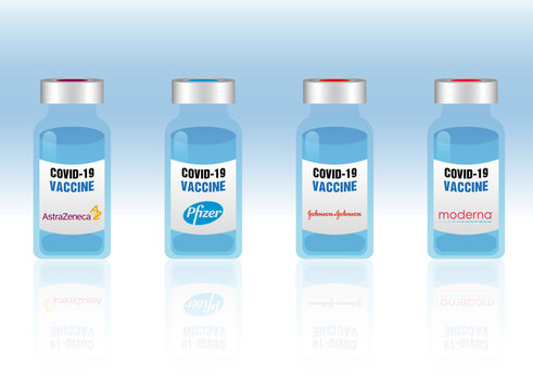 Set of covid-19 vaccine vials with pharmaceutical brands AstraZeneca, Pfizer, Johnson & Johnson, Moderna, vector illustration. Concept of vaccination to prevent coronavirus disease