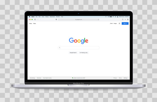 Realistic Vector Mockup, Apple MacBook Pro Displaying Safari With A Fully Editable Google Search Homepage. Transparent Background.