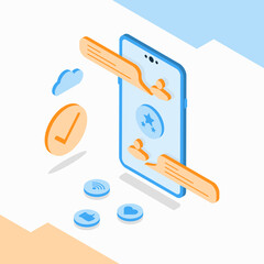 Isometric design social media. Vector Illustration for mobile app, website.