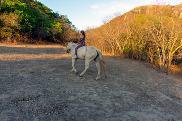 Criança interage com cavalo naturalmente 