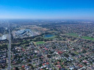 Fototapeta na wymiar Panoramic aerial view of Broadmeadows Houses roads and parks in Melbourne Victoria Australia