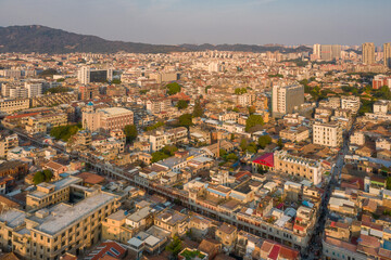 Aerial view of old city and modern city skyline in Quanzhou at dusk