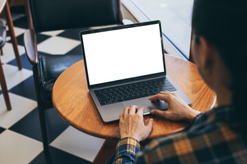 computer screen blank mockup.hand woman work using laptop with white background for advertising,contact business search information on desk at coffee shop.marketing and creative design