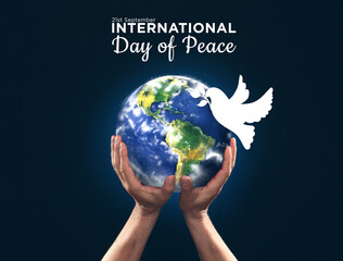 Male hands with model of Earth and dove on dark background with text INTERNATIONAL DAY OF PEACE - Powered by Adobe