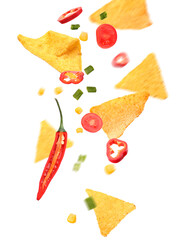 Flying nachos with ingredients on white background