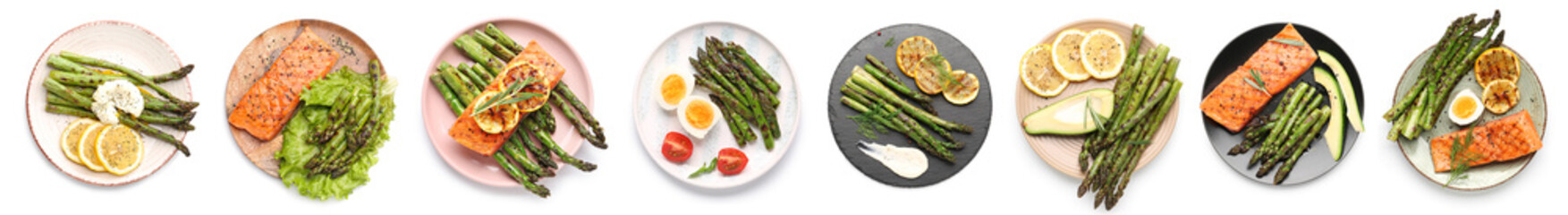 Collage of dishes with healthy asparagus on white background