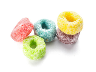 Heap of tasty cereal rings on white background