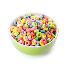 Bowl with tasty cereal rings on white background