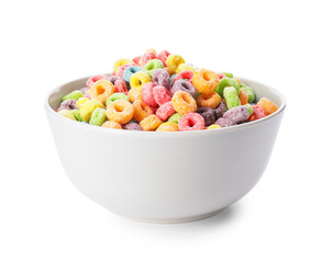 Bowl with tasty cereal rings on white background