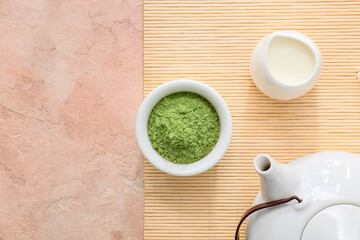 Composition with powdered matcha tea on color background
