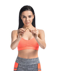 Naklejka premium Sporty young woman breaking cigarette on white background. Concept of healthy lifestyle