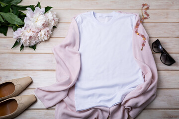 Women’s T-shirt mockup with flat shoes and peony
