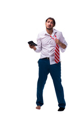 Young male bookkeeper with calculator isolated on white