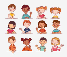 Funny kids. Vector cute boys and girls collection. Multi-ethnic group of happy children. Different cartoon faces icons