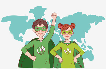 Two cute children super heroes. Protect and save Earth Planet vector concept

