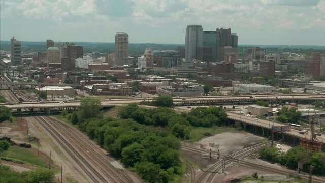 Aerial: flying over the Birmingham city skyline. Alabama, USA