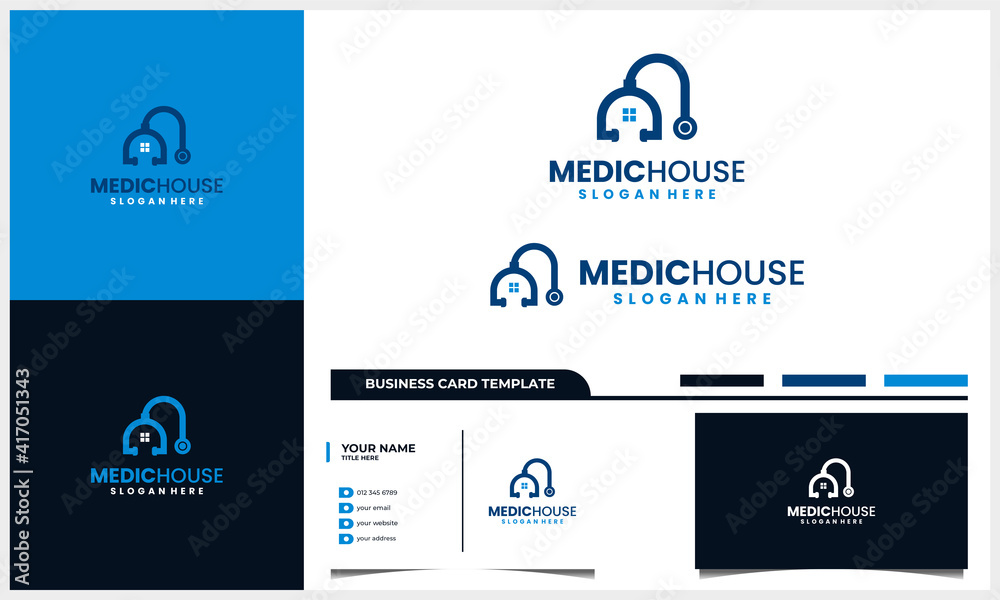 Wall mural medical home logo with stethoscope and house icon concept and business card template