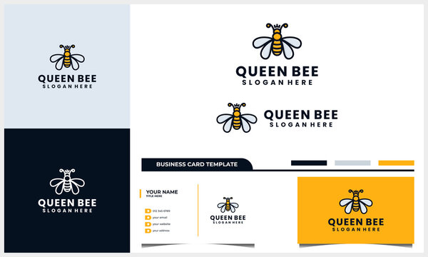Bee honey creative icon symbol logo, queen bee linear logotype and business card template