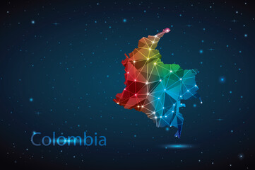 Abstract Polygon Map of Colombia. Vector Illustration Low Poly Color Rainbow on Dark Background