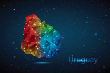 Abstract Polygon Map of Uruguay. Vector Illustration Low Poly Color Rainbow on Dark Background