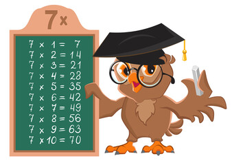 Multiplication table 7 math lesson. Teacher owl at chalkboard holding chalk