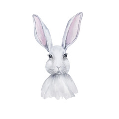 Watercolor cute gray and white Easter bunny portrait