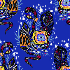 Obraz premium Seamless pattern of magic jungle plant flower with many eyes and snake in vivid multicolor jungle leaves.