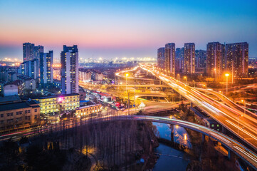 Fototapeta na wymiar Aerial photography of Qingdao city overpass night view
