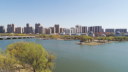 Fototapeta premium Waterfront City, architectural scenery, aerial photos, North China