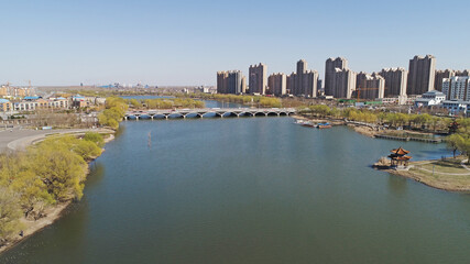 Naklejka premium Waterfront City, architectural scenery, aerial photos, North China