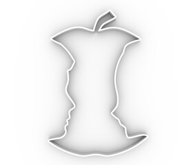 An apple or two face profile view. Optical illusion. Human head make silhouette of fruit. 3D rendering