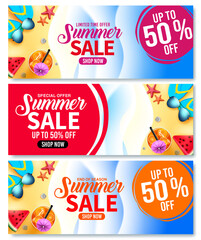 Summer sale vector banner set. Summer sale up to 50% off text in beach background with colorful tropical elements for holiday season discount promo advertisement. Vector illustration
