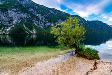 Bohnij Lake - Bohnijsko Jezero, Slovenia, beautiful mirror water in late afternoon