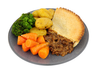 Minced beef and onion pie meal with vegetables isolated on a white background