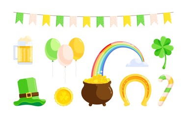 Saint Patrick Day symbols set. Cartoon icons of Irish traditional holiday isolated on white background.