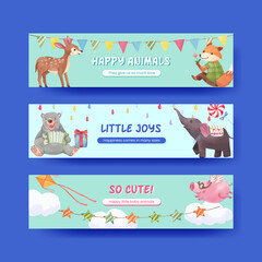  Banner template with happy animals concept design watercolor illustration