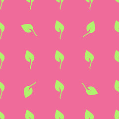 Leaves are a seamless pattern. Green leaves on a pink background. Bright vector spring background. For packaging paper, fabric