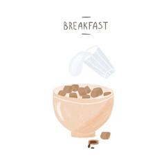 Nice vector hand drawn illustration on the theme of breakfast with a plate of ready-made breakfast cereal and a glass of milk. Chocolate pads. Postcard with breakfast for cafe and restaurant.