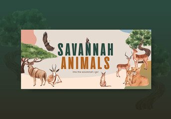 Billboard template with savannah wildlife concept design watercolor illustration
