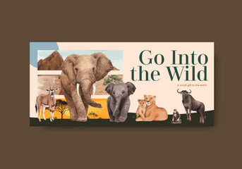 Billboard template with savannah wildlife concept design watercolor illustration - obrazy, fototapety, plakaty